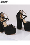High Heeled Women's Sandals New Fashion 2023 Summer Ankle Buckle Flock Sandals European Style Sexy Party Banquet
