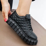 Women Autumn Pu Leather Sneakers Sewing Lace-Up Platform Flats Vulcanized Shoes Thick Sole Brief Casual White Black Canvas