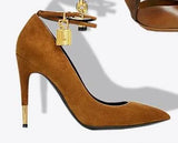 Lock High Heel Pointed Toe Pump Ankle Strap Metal Heels Padlock Pumps Low Cut-out Patchwrok Banquet Dress Shoes Plus