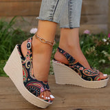 Style Print Wedge Sandals for Women Peep Toe Chunky Platform Shoes Woman Summer Thick Bottom Gladiator Sandalias