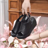 New Women's Fish Mouth Sandals Wearing Slope Heel Leather Clasp for Simple and Comfortable Thick Sole Shoes for