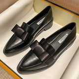 Retro Bowknot oxfords woman flats slip on thick heels loafers british pointed toe small leather shoes women plus size