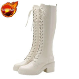 Long Ladies Boots Elegant Heeled High Heels Shoes for Women Lace-up Winter Knee Shaft with Laces White Spring Autumn