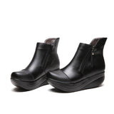New Women Snow Boots Platform Genuine Leather Winter Women's Shoes Lace Up Fur Boots Black Warm Ankle