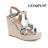 Summer New Fashion Snake Pattern Wedge Heel Super High Heel Muffin Bottom Hemp Rope Comfortable Personality Female