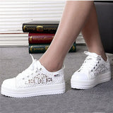 Sneakers Lace Up Fashion Summer Casual White Shoes Cutouts Lace Canvas Hollow Breathable Platform Flats Zapatos
