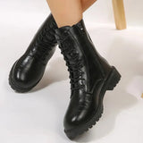 PU Leather Black Ankle Boots Women 2023 Autumn Zip Lace Up Platform Shoes Woman Fashion Non Slip Motorcycle Botas