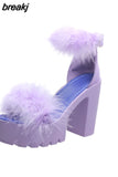 Furry Sandals High Heels with Fur Female Platform Pumps Women Ankle Strap Women's Wedge Shoes 2023