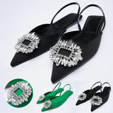 Size Women's Shoes 2023 Summer New Green Rhinestone Elegant Wedding Shoes Muller Shoes Fairy Pointed Flat Pumps