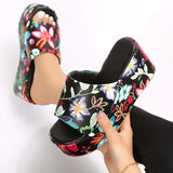 Print Chunky Platform Slippers Women Fashion Flower Thick Bottom Slides Woman Pu Leather Flip Flops Summer Female