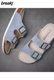 New Summer Men Beach Suede Cork Slipper Couple Shoe Casual Nubuck Leather Women Outdoor Double Buckle Slide