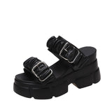 Breakj Pleated Cool Slippers Female 2023 Summer New Korean Fashion Belt Buckle Platform One Word High Heel