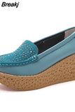 Leather Wedge Platform Shoes Ladies Slip On Crystal Flat Shoes High Heel 7cm Thick Sole Shallow Flats Casual
