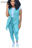Striped Print Two Piece Set Women Sleeveless Blazer Coat And Sashes Pants Outfits Office Lady Elegant Work 2pcs