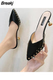 High Up To 5cm Heel Summer 2023 Black Mules Slides Leather Outside Women's Slippers and Ladies Sandals Pointed Toe