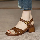 Vintage Women Sandals Thick High Heels Summer Open Toe Temperament Pumps Elegant Square Toe Office Ladies Shoes