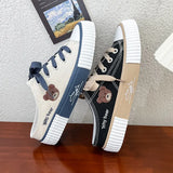 Women Cute Bear Canvas Shoes New Flat Casual All-match Half Slippers Korean Version Trend Lace Up Ladies Vulcanized