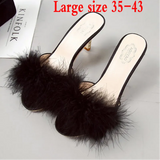 Slippers Summer 2021 New Fashion Hairy Stiletto Sandals & Slippers Women Word Drag Open Toe Wear High Heel Slippers