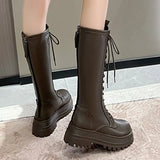 Chunky Platform Motorcycle Boots Women Thick Bottom PU Leather Knee High Boots Woman Autumn Winter Black Long Botas
