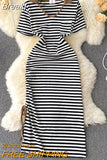 Style Striped Dress Women 2023 Fashion Summer Polo Dress Casual Short Sleeve Slim Drawstring Ruched Split Long Maxi