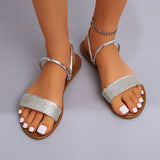 Summer New Women's Fashion Gold Silver Patent Leather Flat Heel Sandals Bling Rhinestone Narrow Band Beach Casual