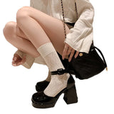 Spring And Summer Barbie Pink Single Shoes Waterproof Platform With Baotou Thick Heel Hollow Mary Jane Square Head High