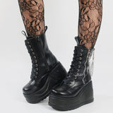 Big Size 43 Black Zipper Lace Up Chain Wedges Platform women's Motorcycle Boots Thick Bottom Fashion Gothic Punk