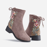 Breakj New Women's Boots Suede Cotton Boots And Velvet Inside The Middle Heel Ankle Boots To Keep Warm Fashion National Style Embroidered Cloth