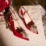 Pearl Chain Buckle Strap Thin High Heels Crystal Flower Decor Wedding Bridesmaid Shoes Temperament Party Prom Lady