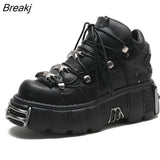 for Women's New Rock Shoes Gothic Chunky Platform Ankle Boots Punk Style Heels Height 6CM Sneakers Lace-up PU Metal