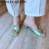 Button Slippers Women Fashion Square Toe High Heel Slide Candy Color Sandal Ladies Elegant Mule Shoe Flip Flops