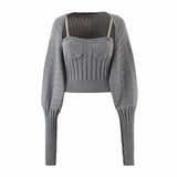 Casual Beige Knitted Women's Suit Square Collar Sleeveless Top Bishop Long Sleeve Cardigan Two Piece Set Women