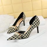 Breakj Korean Version With High Heel Shallow Mouth Pointed Head Side Hollow Cloth Plaid Grain Pearl Metal Chain Thousand Bird Case Single