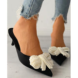 2023 New Fashionable Woman Mules Shoes Pearl Slip-on Low Heels Pointed Toe Ladies Pumps Butterfly-knot Woman
