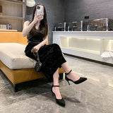 Autumn New Elegant Pointed Toe Strap Closed Toe French Style High Heels Buckle Strap Single Shoe Women Pumps Party