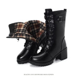 Boots Women Genuine Leather High-heeled Large Size Motorcycle Boots Women New Wool Warm Winter Boots for