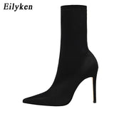 Comfort Stretch Women Sock Boots Square High Heel Ankle Boots Fashion Pointed Toe Fall Stretch Shoes Black Big Size