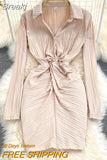 Women Dress 2023 New Spring Fashion Solid Turn down Collar Long Sleeve Twist Front Empire Folded Mini Party Bodycon Dress