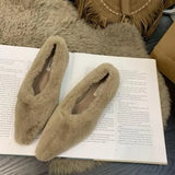 Toe Fur Ballet Flat Woman Shoes Winter Warm Plush Shallow Loafer Ladies Concise Furry Heeled Dress Shoes Zapatos