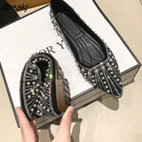 Women Flat Ballet Shoes String Bead Bling Crystal Pointed Toe Flats Shoes Elegant Lady Shoes Wedding Shoes Size