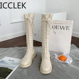 Women's Lace Up Knee High Boots British Pu Leather Thick Bottom Platform Boots Woman Non Slip Motorcycle