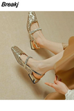 Square Heels Sandals for Women Crystal Summer 2023 Closed Ladies Shoes Gold Party and Weddings Low Casual The Best H
