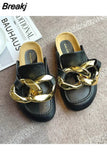 Women's Sandals Slippers 2023 Fashion Loafers INS Style Mules Shoes Summer Beautiful Gold Chain Flat Slippers（Size
