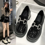 Breakj Bottom Mary Jane Small Leather Shoes Female 2023 New British Wind Pine Platform Bottom Metal Rhinestone Chain Loafer Single