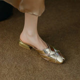 Breakj Tou Half Slippers Female Summer Women Wear Full Leather Square Head Sandals Low Heel Thick Soft Leather Muller