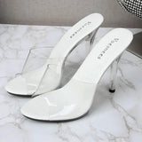 Summer Women Shoes New Fashion Leopard Print Slippers Crystal Open Toed Sandals Women Sexy Transparent Heel 11cm High