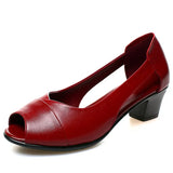 Genuine Leather Comfortable Ladies Mid Heel Sandals Women Shoes Hollow Peep Toe Square Heel Sandals