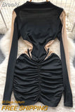 Sexy See Through Mesh Patchwork Bodycon Mini Dress Women Spring Autumn Long Sleeve Slim Fit Ruched Club Party