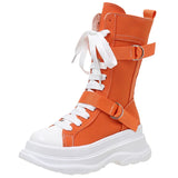 Green Chunky Mid Calf Canvas Boots Women Autumn Side Zipper Thick Bottom Motorcycle Boots Woman Lace Up Platform