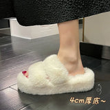 Soles 4Cm Double Furry Slippers Women Wear 2024 New Autumn And Winter Fashion One-Word